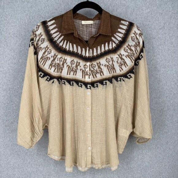 Mes Demoiselles Chevin Blouse Size FR 40/US 8 Neutral Peruvian Pattern Bat Wing - Picture 1 of 14